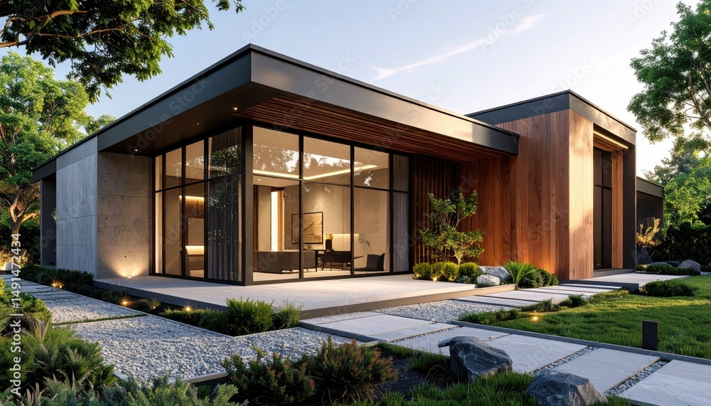 Modern Minimalist Home Glass with Wood, and Stone Oasis in Natural Light. Modern Minimalist Home Glass with Wood, and Stone Oasis in Natural Light.