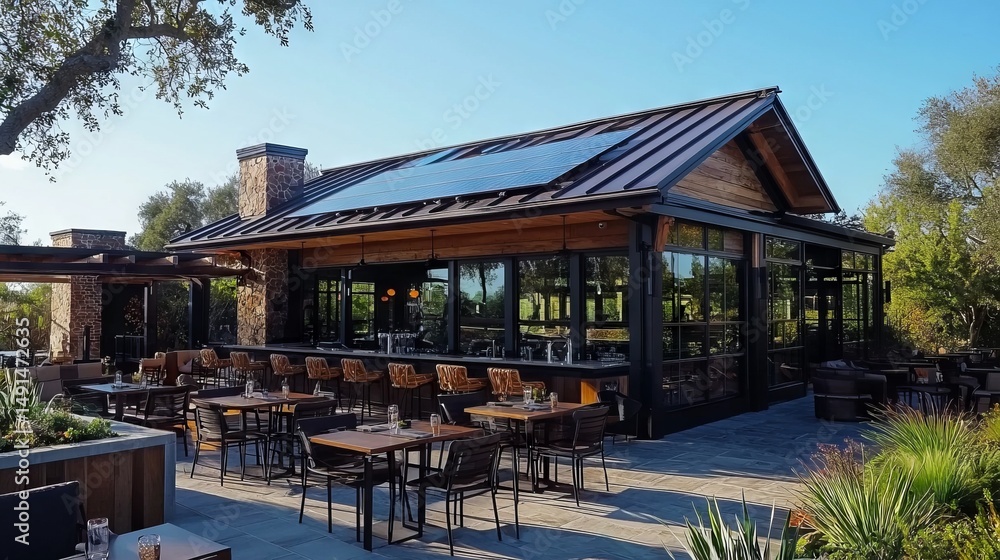 Modern Restaurant Exterior with Solar Panels and Outdoor Seating Area Modern Restaurant Exterior with Solar Panels and Outdoor Seating Area