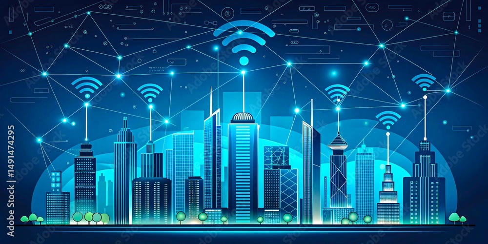 Fototapeta premium Smart City Skyline Wireless Network Technology Digital Cityscape