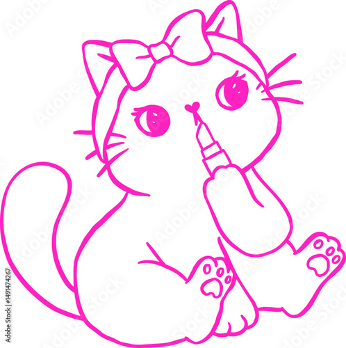Cute Girly Self Care Cat Outline doing makeup Cartoon Doodle Hand Drawn