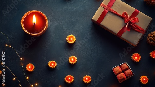Diwali festival sweets with Diya lamp and Gift box on the table