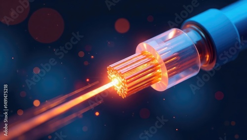 Close-up view of a section of optical fiber cable, showcasing its intricate structure and light-transmitting properties , high-bandwidth, communication technology