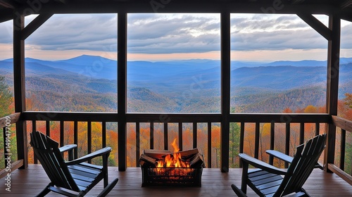 Mountaintop porch overlooking a vibrant autumn landscape.
