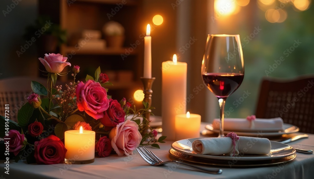 Romantic anniversary dinner setting, candles, wine, flowers , beautiful, background, dinner Romantic anniversary dinner setting, candles, wine, flowers , beautiful, background, dinner