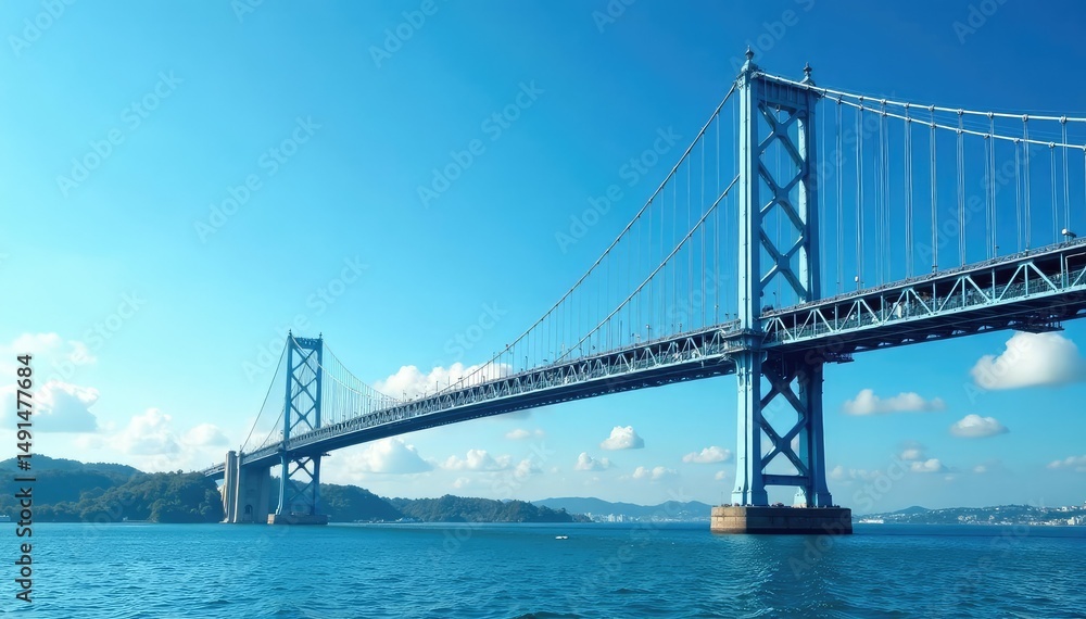 Sky blue suspension bridge against a clear sky Iconic architecture, engineering marvel , towers, modern Sky blue suspension bridge against a clear sky Iconic architecture, engineering marvel , towers, modern