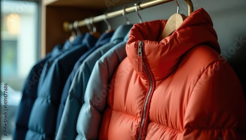 Sleek, luxurious down-filled jacket hanging on a rack , feather, brown, fur