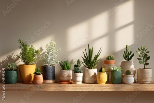 Wallpaper Mural A Vibrant Arrangement of Potted Succulents and Indoor Plants Bathed in Natural Light on a Wooden Shelf Creating a Calming Atmosphere in a Modern Interior Space Torontodigital.ca