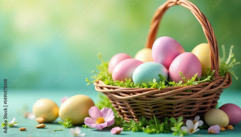 Naklejka premium Vibrant pastel colored Easter eggs in a basket A springtime celebration , vibrant, Easter celebration, springtime