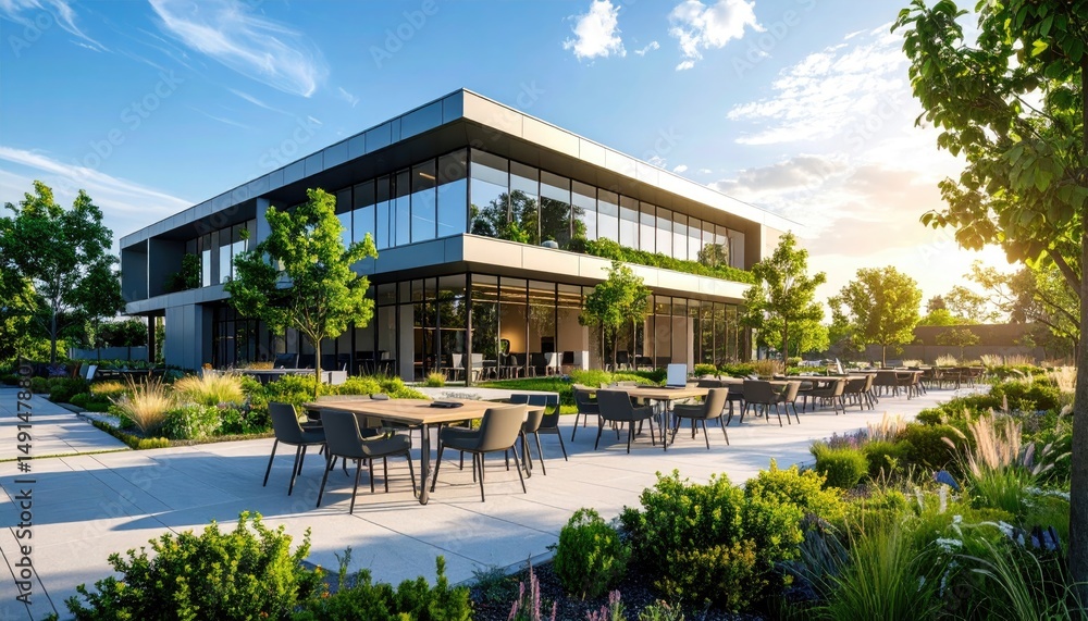 Fototapeta premium Modern Office Building with Outdoor Patio Lush Greenery.