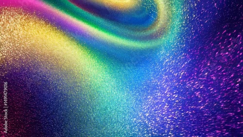 Iridescent holographic foil surface with rainbow colors and sparkles, a modern abstract design with a shiny texture.