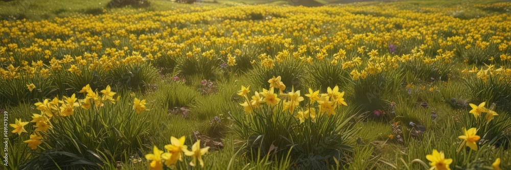Obraz premium Golden daffodils carpet sunny meadow, vibrant hues, cheerful spring scene, sunshine, bloom