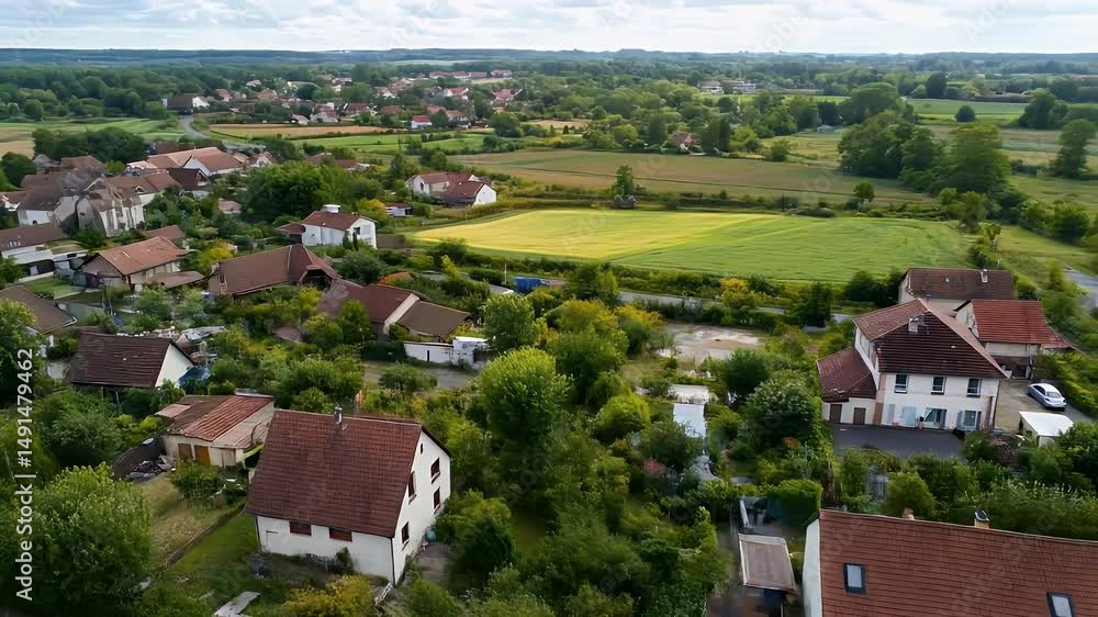 Aerial View of European Village with Red Tiled Roofs Green Trees Golden Fields Rural Scenery Under Bright Sunny Sky Aerial View of European Village with Red Tiled Roofs Green Trees Golden Fields Rural Scenery Under Bright Sunny Sky