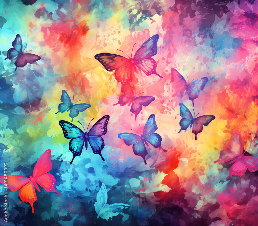 A colorful painting of many butterflies flying in the sky A colorful painting of many butterflies flying in the sky
