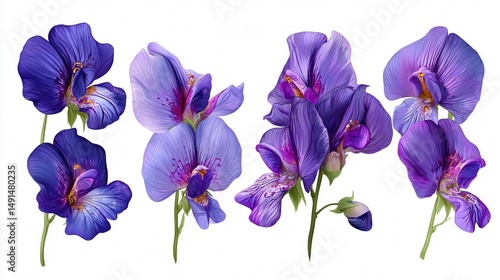 Vibrant Violet Butterfly Pea Flower Collection Isolated on White Background