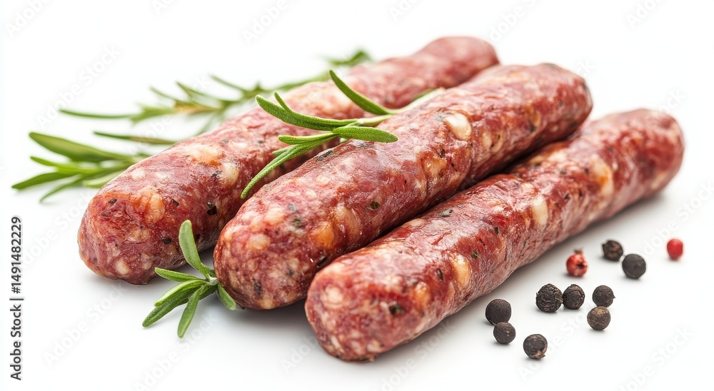 Close-up of three savory sausages seasoned with herbs and peppercorns. Close-up of three savory sausages seasoned with herbs and peppercorns.