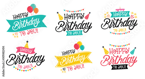 Happy birthday colorful text clipart set. Birthday font, greeting, typography and calligraphy in colorful lettering clip art graphic elements collection vector illustration. 
