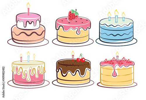 Birthday cake colorful drawing clipart set. Cake dessert outline clip art in water color birthday elements graphic collection of sweet food vector illustration.  
