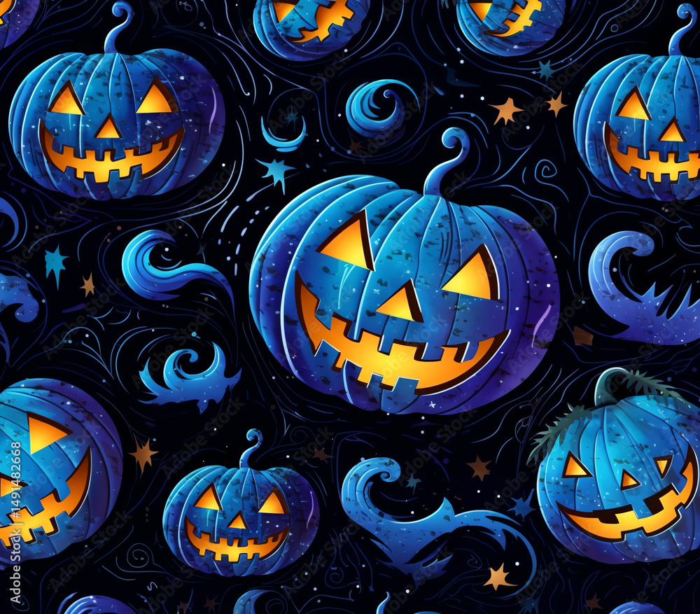 A blue and orange Halloween scene with pumpkins A blue and orange Halloween scene with pumpkins