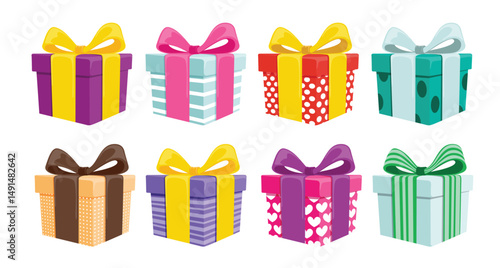 Birthday gift box elements clipart set. Colorful gift boxes drawing clip art with multi colored ribbon tie and cute pattern decoration collection vector illustration. 
