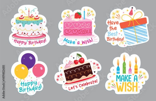 Birthday greetings stickers clipart set. Colorful birthday wishes sticker typography clip art for party gift tags and scrapbook elements decoration collection vector illustration.  
