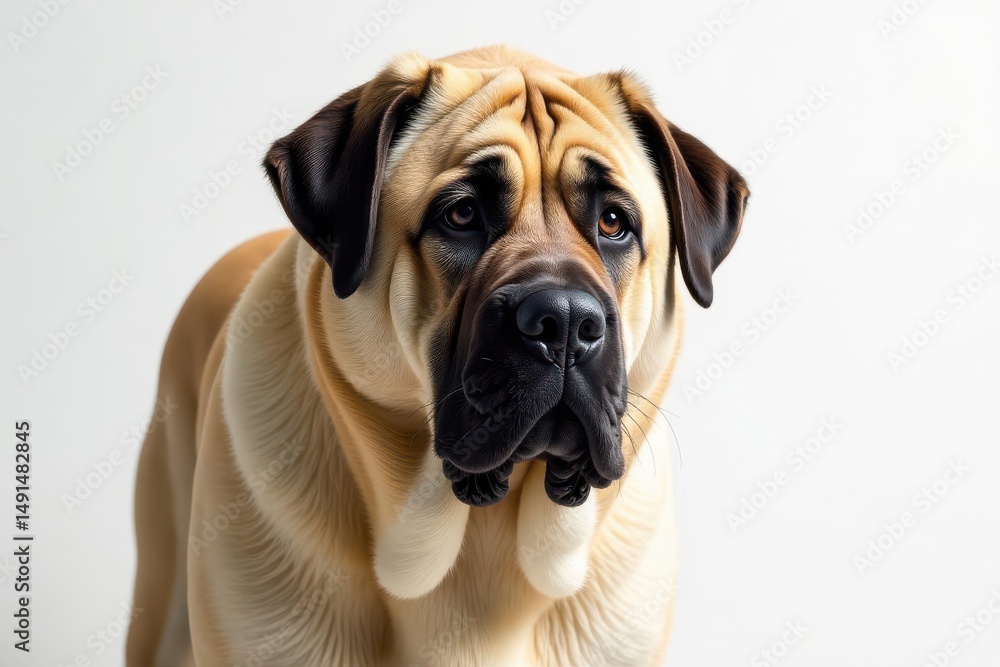 Imposing mastiff, focused gaze, pure white backdrop, pet portrait, isolated, pure white Imposing mastiff, focused gaze, pure white backdrop, pet portrait, isolated, pure white