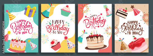 Happy birthday greeting card clipart poster set. Birthday wishes clip art template with cake, gift box and cup cake decoration elements in colorful abstract background vector illustration. 
