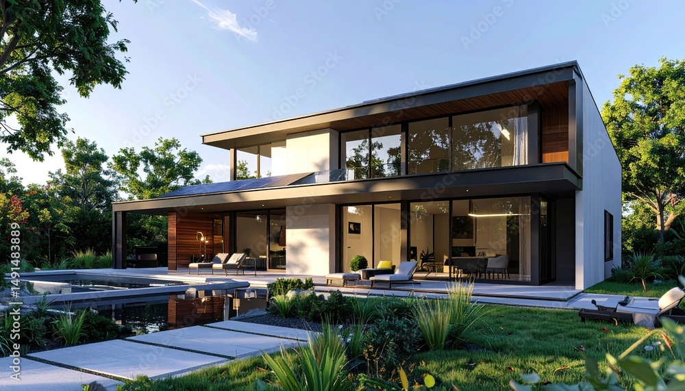 Modern dream home by pool with minimalist design, nature backdrop, and sunlit. Modern dream home by pool with minimalist design, nature backdrop, and sunlit.