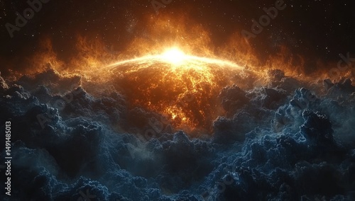 Fiery celestial body surrounded by dark clouds