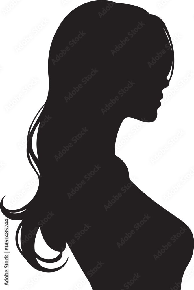 Elegant black silhouette of a woman with flowing wavy hair, capturing grace and timeless femininity. Ideal for beauty, fashion, and wellness themes. Elegant black silhouette of a woman with flowing wavy hair, capturing grace and timeless femininity. Ideal for beauty, fashion, and wellness themes.