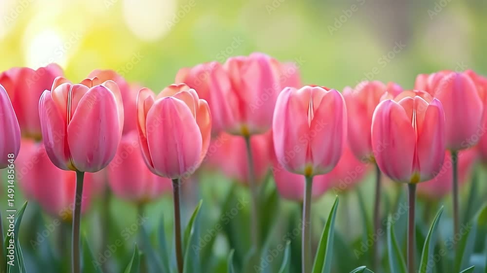 Lush Pink Tulips with Green Leaves on Sunny Background Floral Still Life Lush Pink Tulips with Green Leaves on Sunny Background Floral Still Life