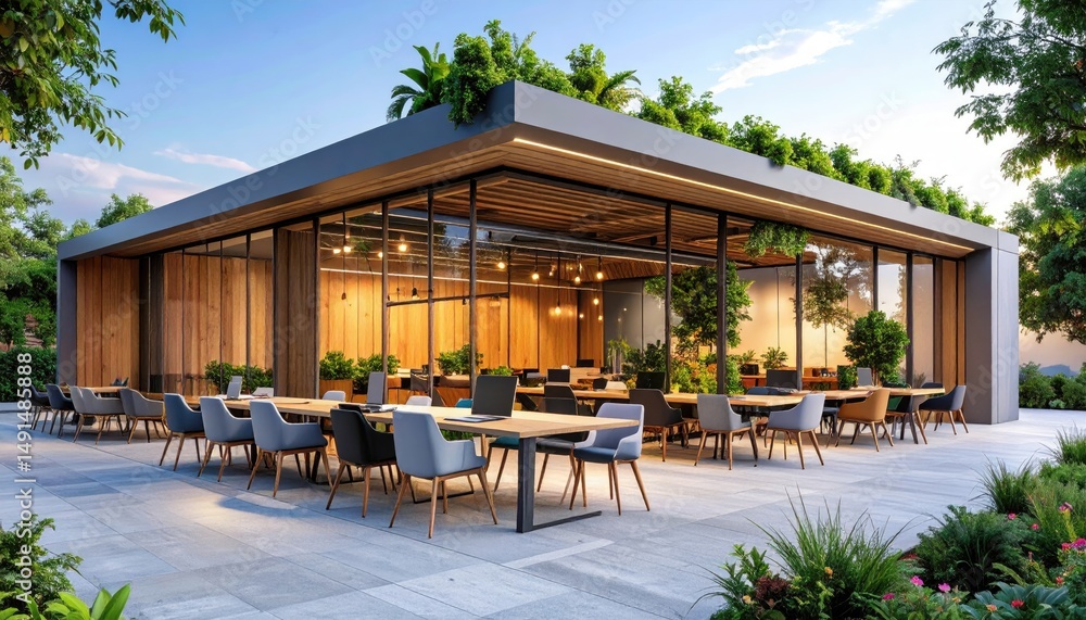 Obraz premium Modern glass office building exterior with garden and tables with coworking space.