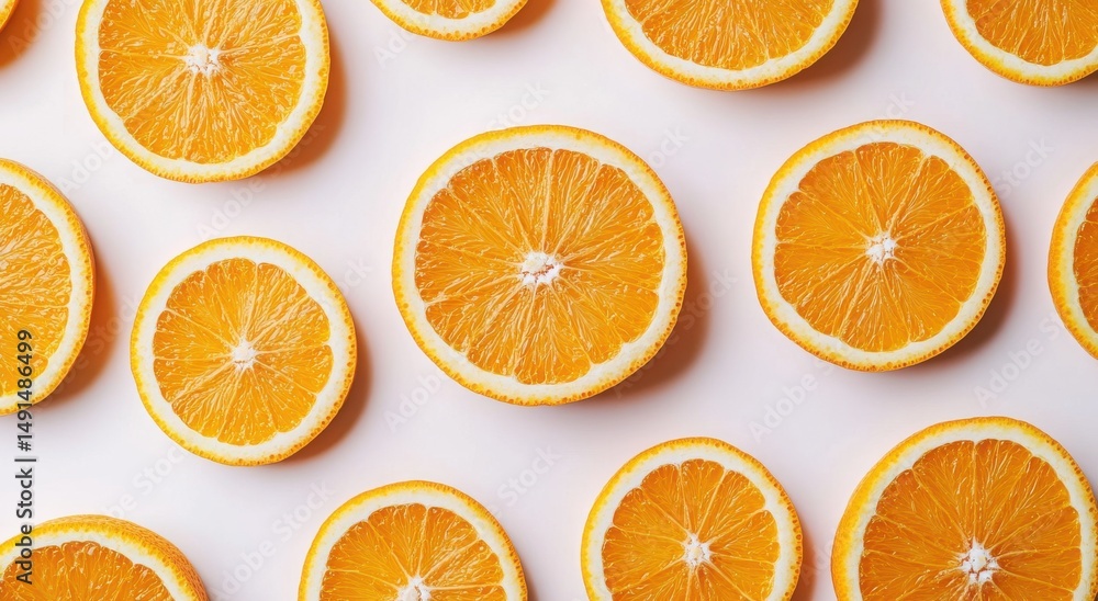 Vibrant orange slices arranged on a pale pink background. A refreshing summer image. Vibrant orange slices arranged on a pale pink background. A refreshing summer image.