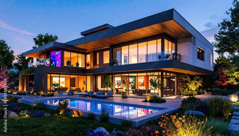 Obraz premium Modern Mansion at Twilight Poolside Luxury Architectural Brilliance.