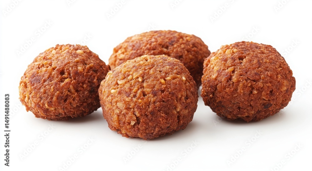 Four golden-brown falafel balls sit on a white background. Four golden-brown falafel balls sit on a white background.
