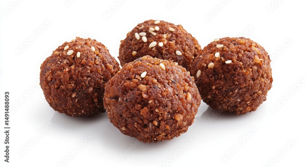 Four Falafel balls, seasoned with sesame seeds, ready to eat. Four Falafel balls, seasoned with sesame seeds, ready to eat.