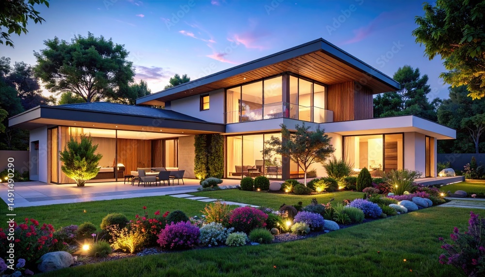 Fototapeta premium Modern Dream House with Garden, Night, Luxury Home Exterior, and Beautiful.