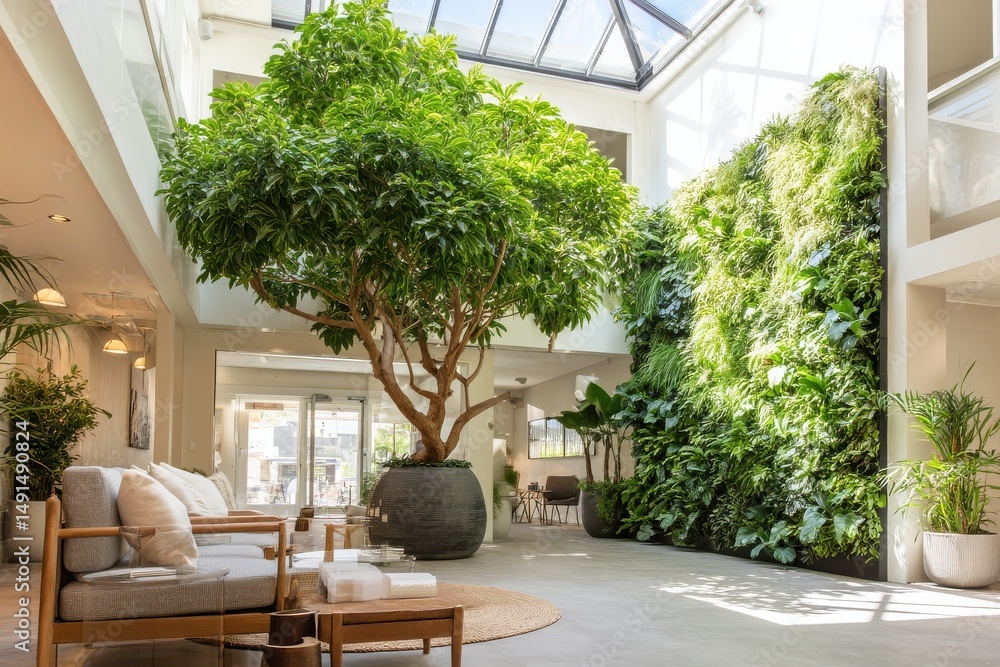 Fototapeta premium Lush Indoor Garden with Large Tree and Green Wall in Bright Modern Space Featuring Natural Light and Cozy Furniture Arranging Relaxing Atmosphere