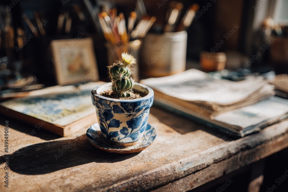 Small Potted Cactus on Rustic Wooden Table Surrounded by Art Supplies, Books, and Natural Light in a Creative Workspace Environment Small Potted Cactus on Rustic Wooden Table Surrounded by Art Supplies, Books, and Natural Light in a Creative Workspace Environment