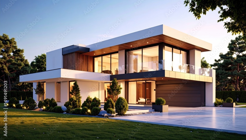 Fototapeta premium Modern Luxury Home at Sunset Architectural Elegance.