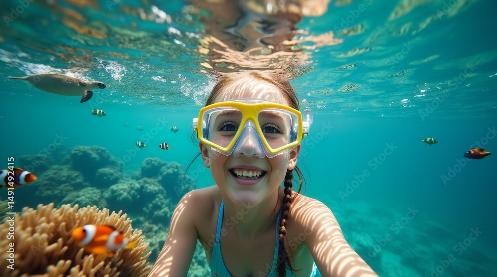 Naklejka premium A Girl Wearing Diving Mask is Snorkeling.