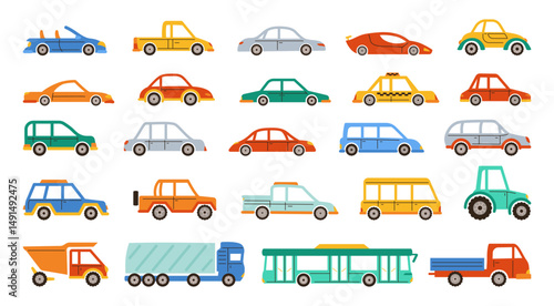 Car hand drawn cartoon style set. Colorful cute different transport pickup, bus tractor truck, taxi sedan collection. Simple icon car illustration for children textile cloth poster vector illustration