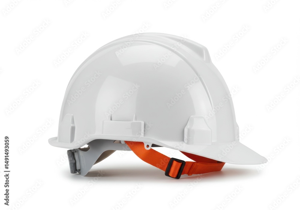 Fototapeta premium A pristine hard hat with an orange strap rests against a clean background