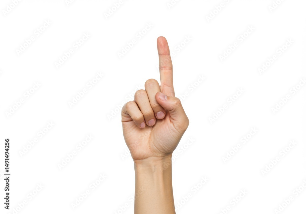 A raised index finger gesture against a plain and simple white backdrop area A raised index finger gesture against a plain and simple white backdrop area