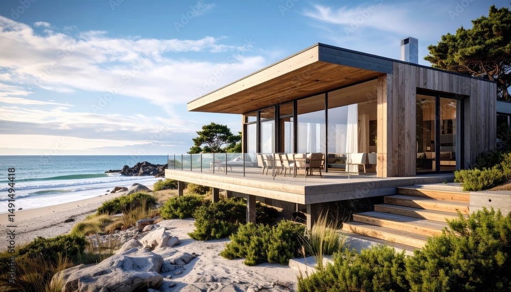 Fototapeta premium Oceanfront Modern Home Coastal Luxury with Beach View.