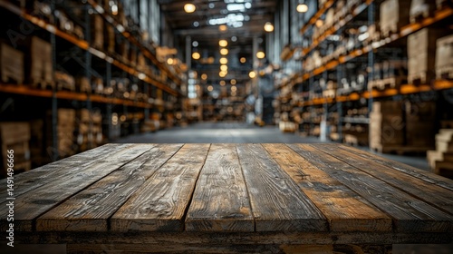 Wallpaper Mural Wooden Table in Warehouse with Blurred Shelves and Soft Lighting Torontodigital.ca