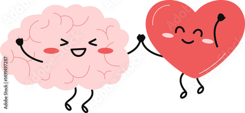 Brain and heart expression and emotion for mental health day illustration. Cute cartoon brain and heart character eith face expression. Vector isolated.