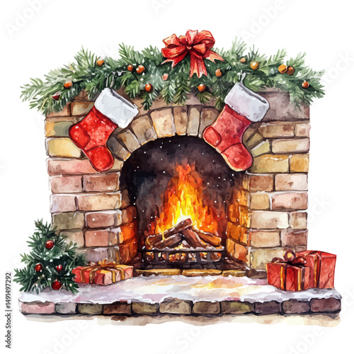 Glowing Christmas Fireplace With Stockings, watercolor drawing vector, high quality, isolated on a white background.