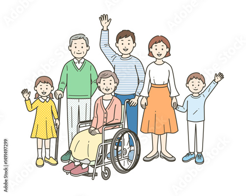 車いすのお婆さんを介助する三世代家族が集合した全身イラスト
