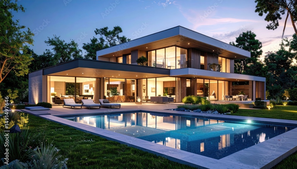 Modern Villa Twilight Luxurious Home with Poolside Reflection, and Serene Evening. Modern Villa Twilight Luxurious Home with Poolside Reflection, and Serene Evening.