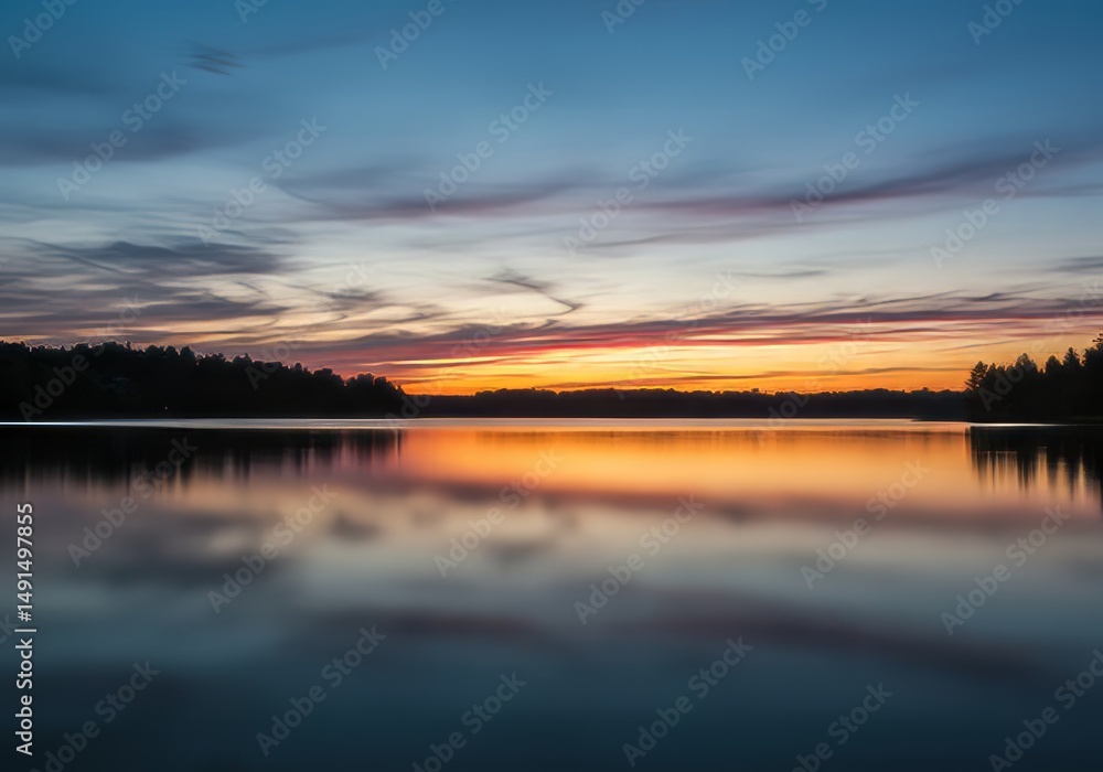 Obraz premium Serene lake at sunset reflecting vibrant skies in tranquil water surface